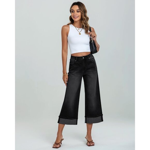 Wide Leg Jeans Women High Waisted Denim Crop Pants Casual Baggy Comfort - Picture 5 of 7